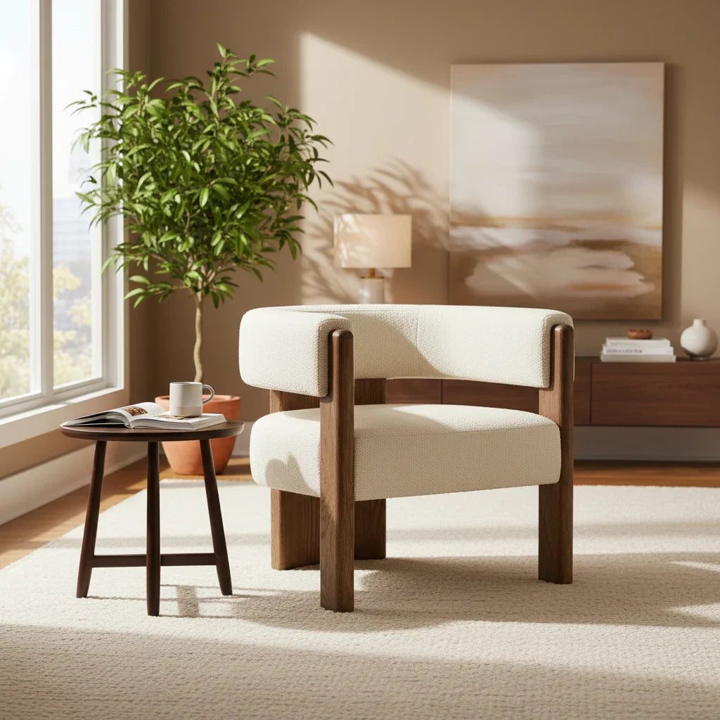 LOCO Teak Wood Armchair | Solid Wood Upholstered Lounge Chair for Living Room