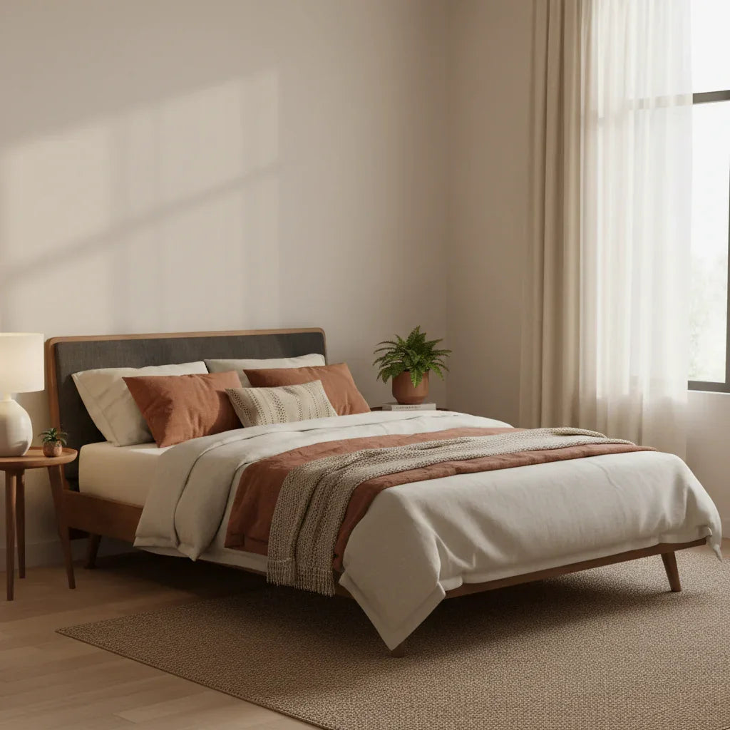 Arzelle Solid Teak Wood And Fabric Upholstery King Size Bed