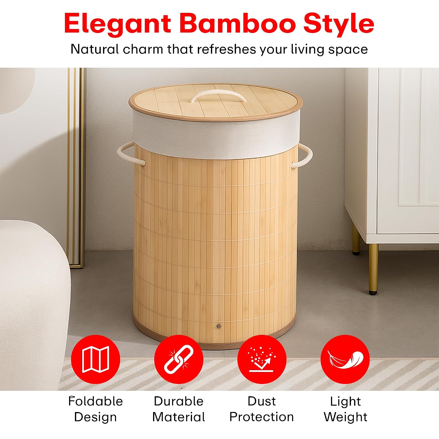Bamboo laundry bag basket for clothes with lid toy storage organiser box foldable Round Home Organizer and Storage | Eco Friendly | Compact and Easy to carry