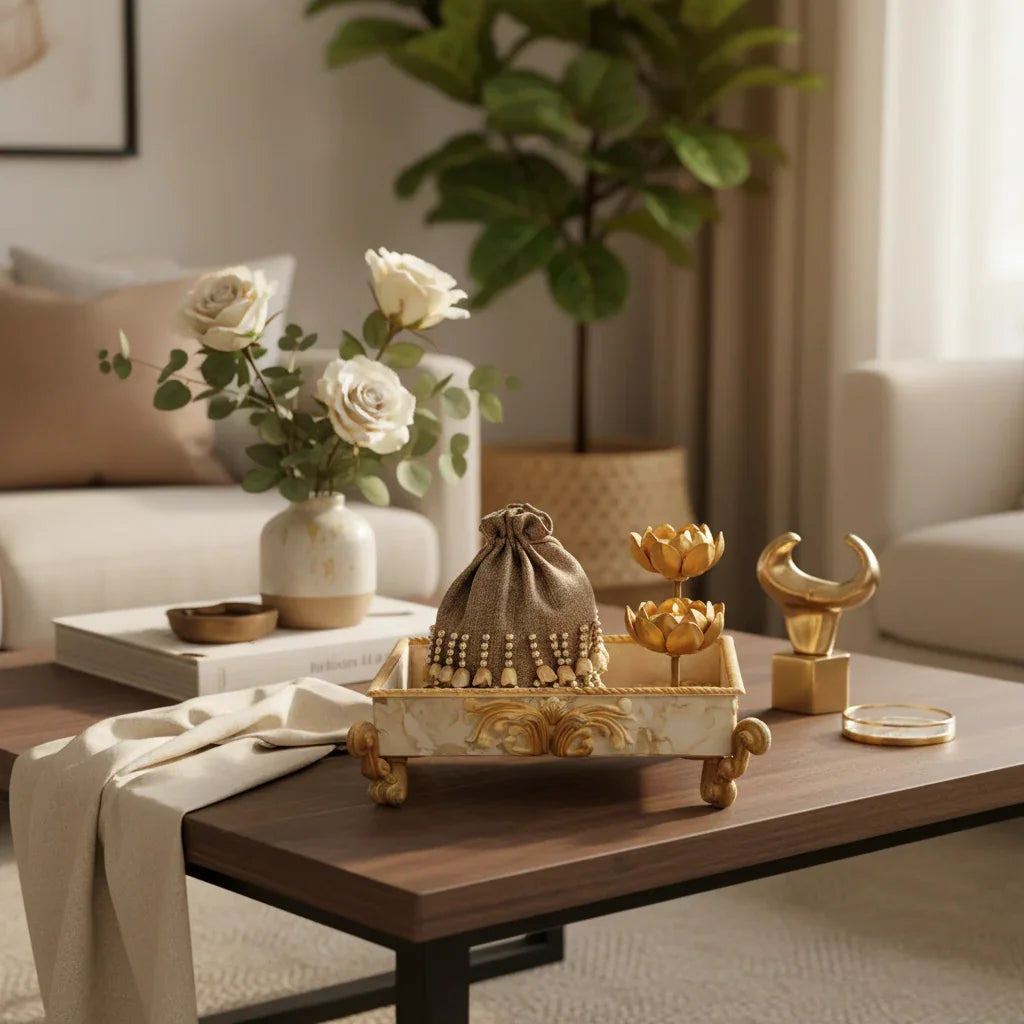 Perched Royal Lotus Tealight Holder | Gold Marble Dust Candle Holder for Home Décor