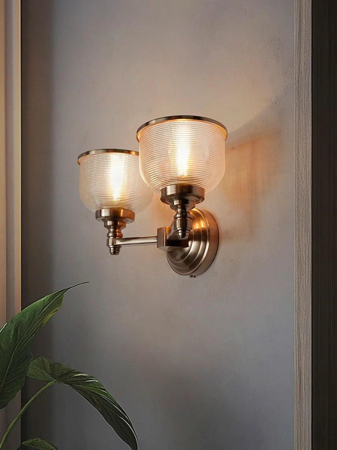 Rose Gold Double Wall Sconce with Rimmed Glass Shades