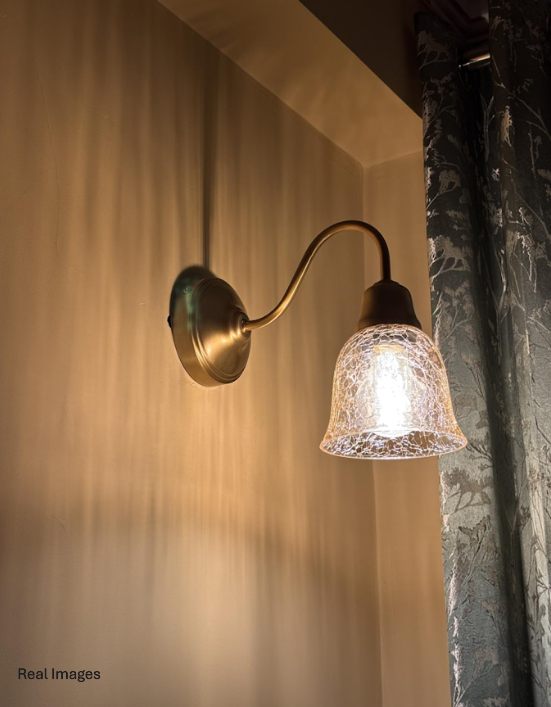 Brass Antique Finish Curved Down Wall Lamp with Cup Glass Crackled Golden Luster Shade