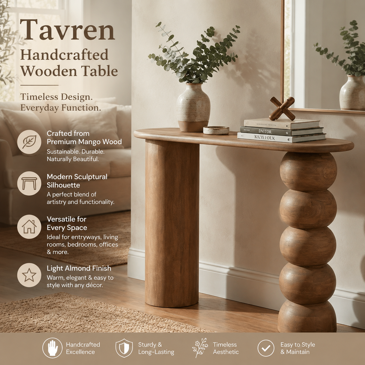 Tavren Handcrafted Mango Wood Console Table | Modern Wooden Table for Entryway & Living Room