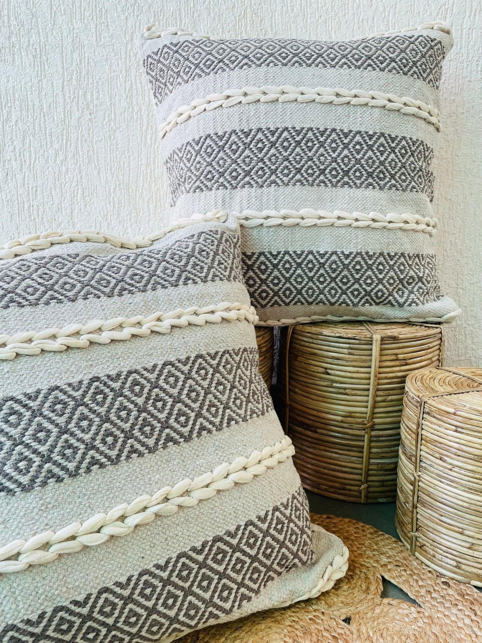 Bohemian Natural Cotton Cushion Covers - Grey and White
