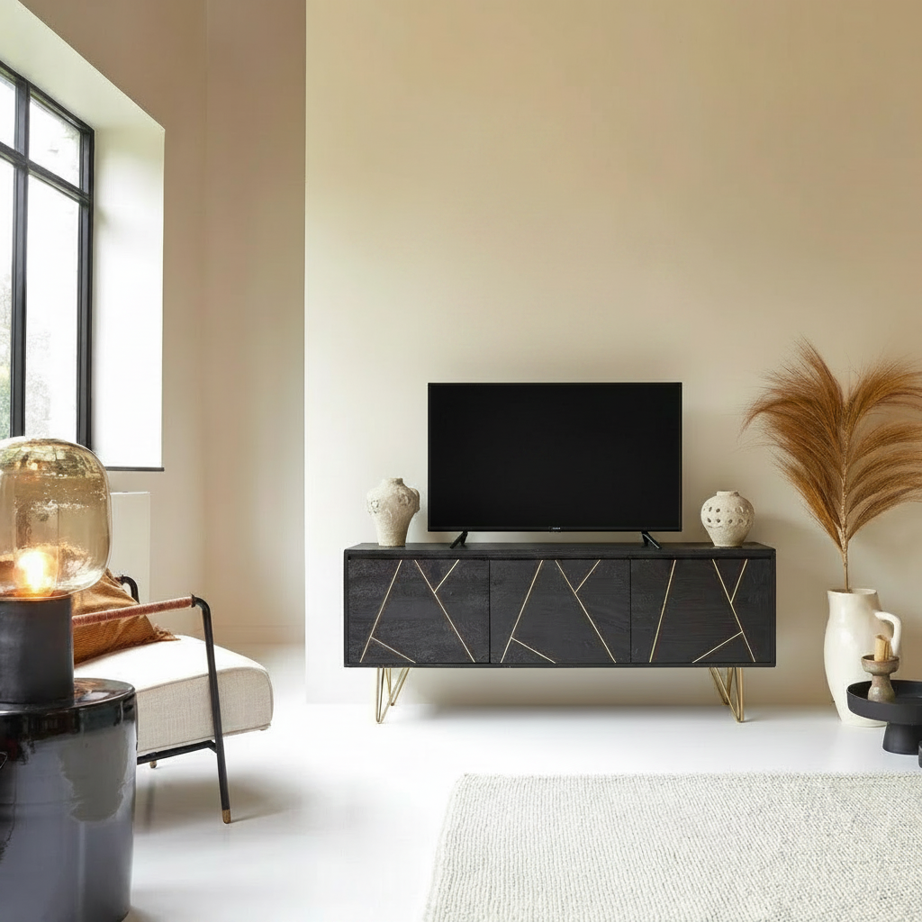 Ebony Solid Mango Wood TV Unit 3 Door In Walnut Finish