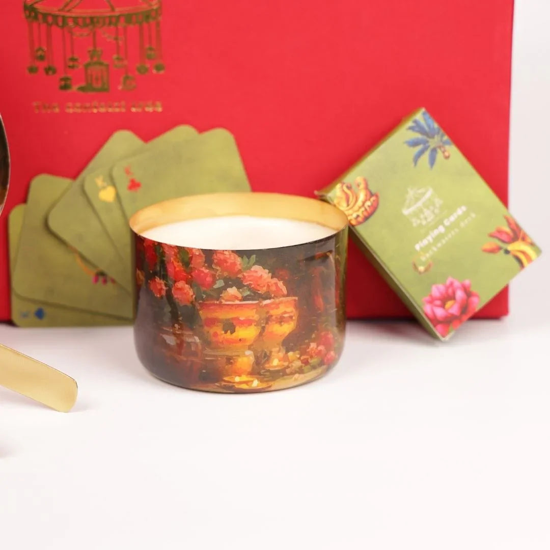 Luxury Diwali Gift Box with Brass Finish Platter, Soy Wax Candle, Dry Fruits, Mukhwas, Brass Tong & Designer Playing Cards
