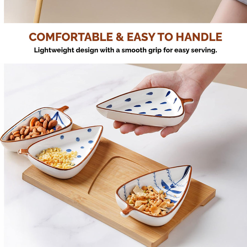 Leaf-Shaped Ceramic Serving Platter with Wooden Board | 4 Small Glossy Snack Tray | Perfect for Serving Sweets, Cookies, Dry Fruits, Mouth Freshener & Snacks (Blue & White)