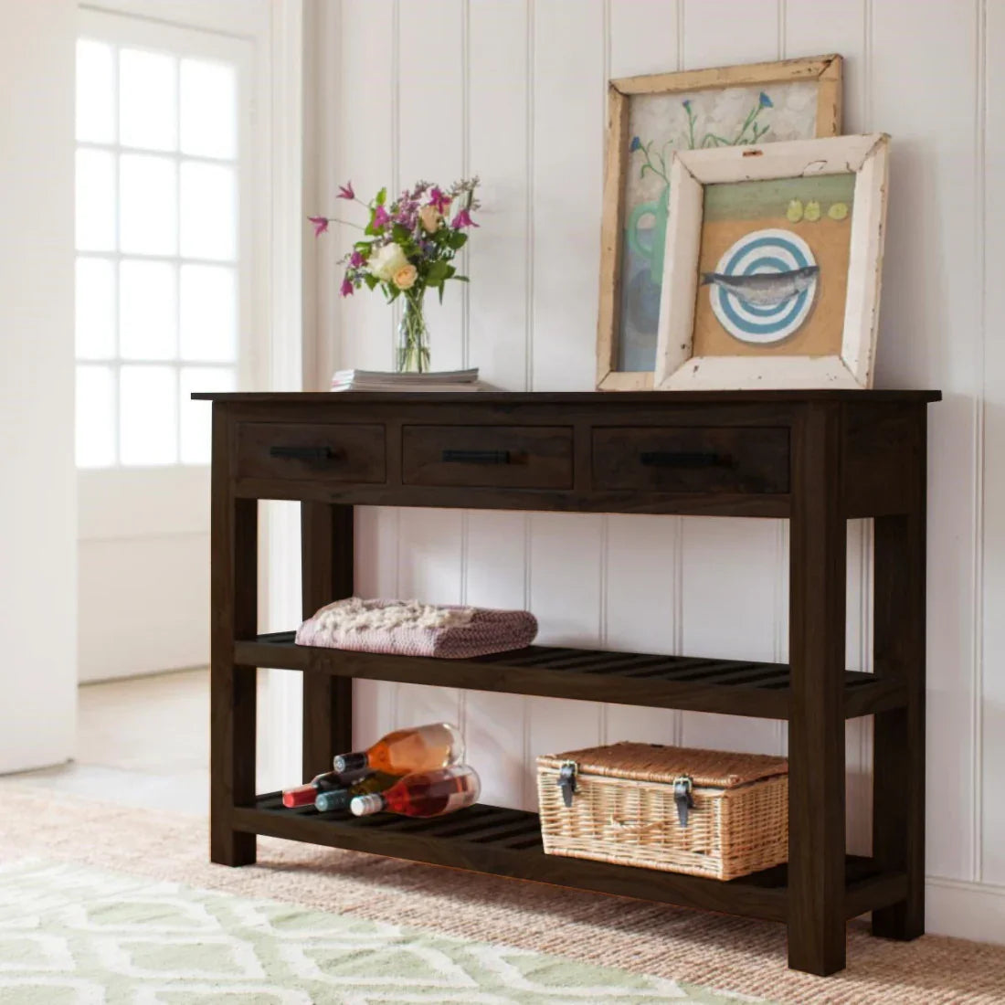 Stripped 3 Drawer Sheesham Wood Console Table In Honey Finish