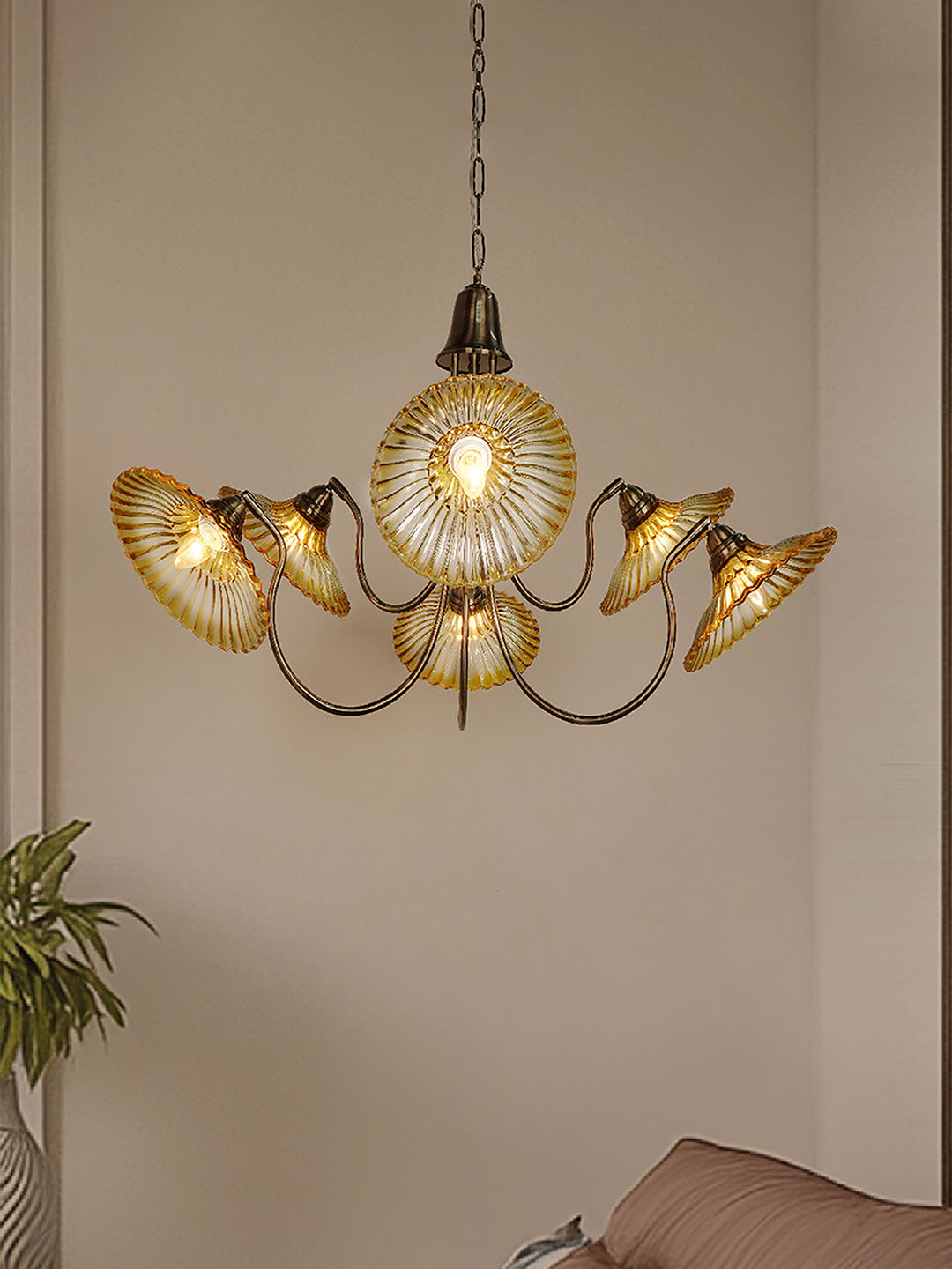 Adjustable Amber Glass Chandelier with U-Shaped Arms | Modern Industrial Style
