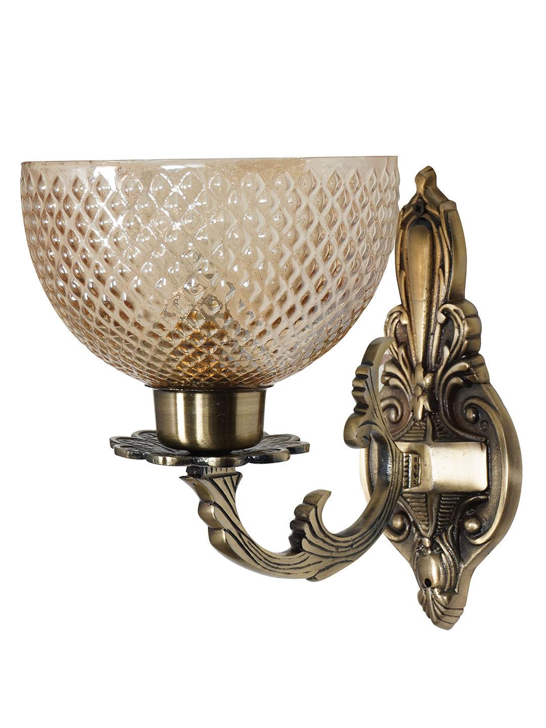 Traditional Meena Aluminium 1 Lamp Wall Light in Antique Brass Finish and Golden Cut Glass Textured Glass Shade for