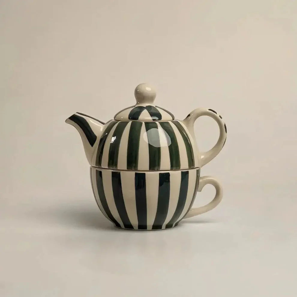 Handmade Ceramic Striped Tea Pot and Cup Set | Stoneware for Tea Lovers