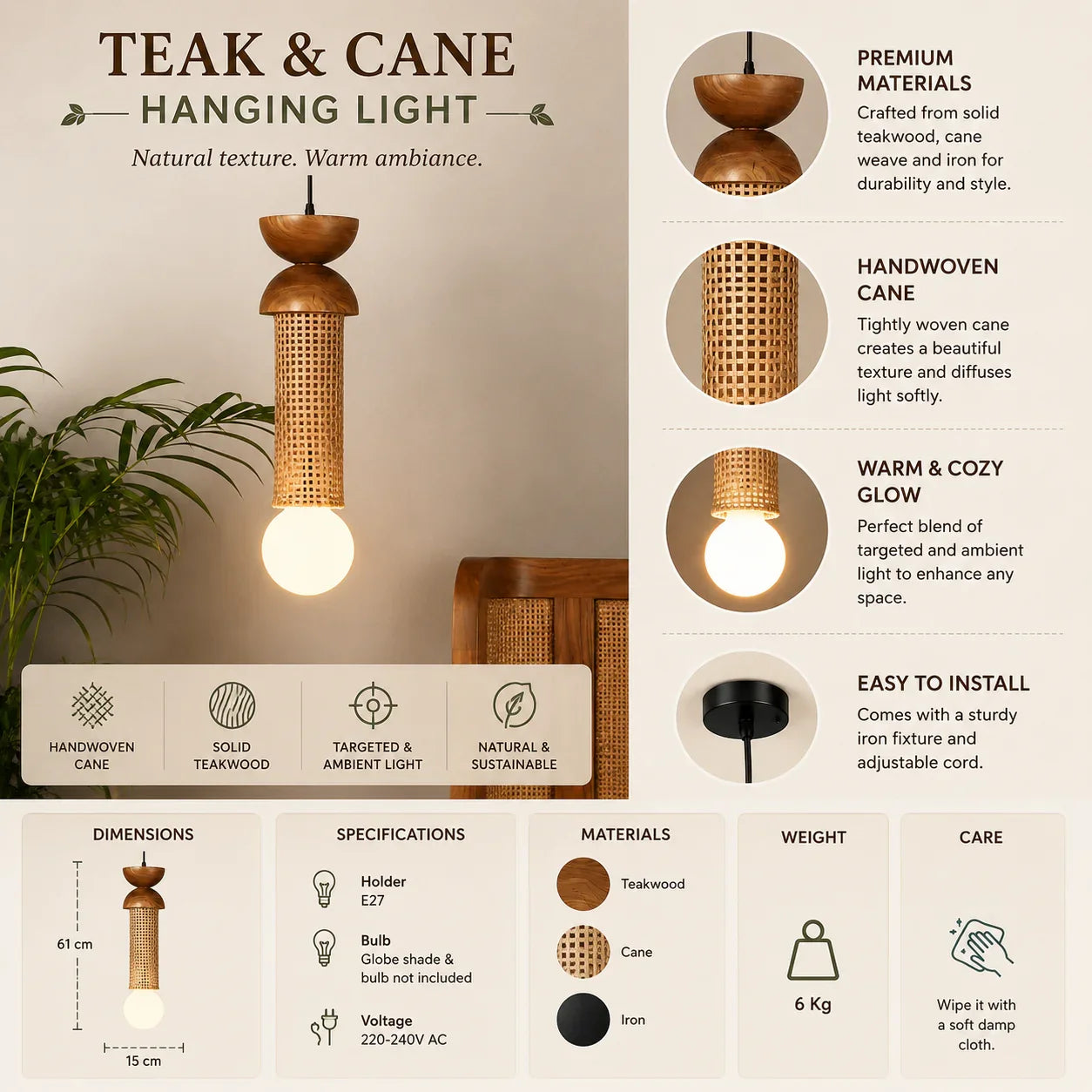 Mopong Teak Cane Pendant Lamp | Hanging Lamp for Living Room