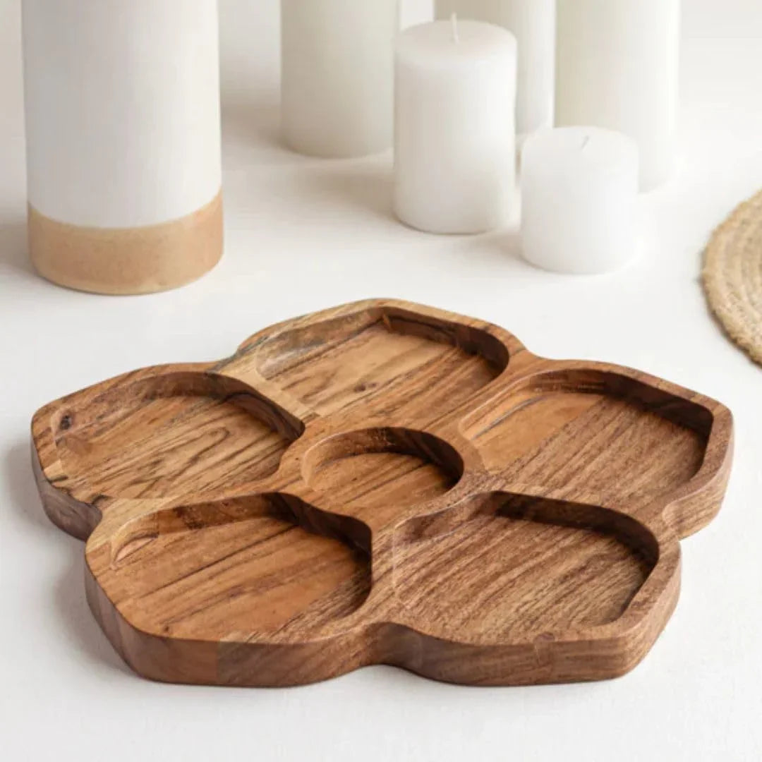 Floret Acacia Wood Snack Serving Platter cum Tray