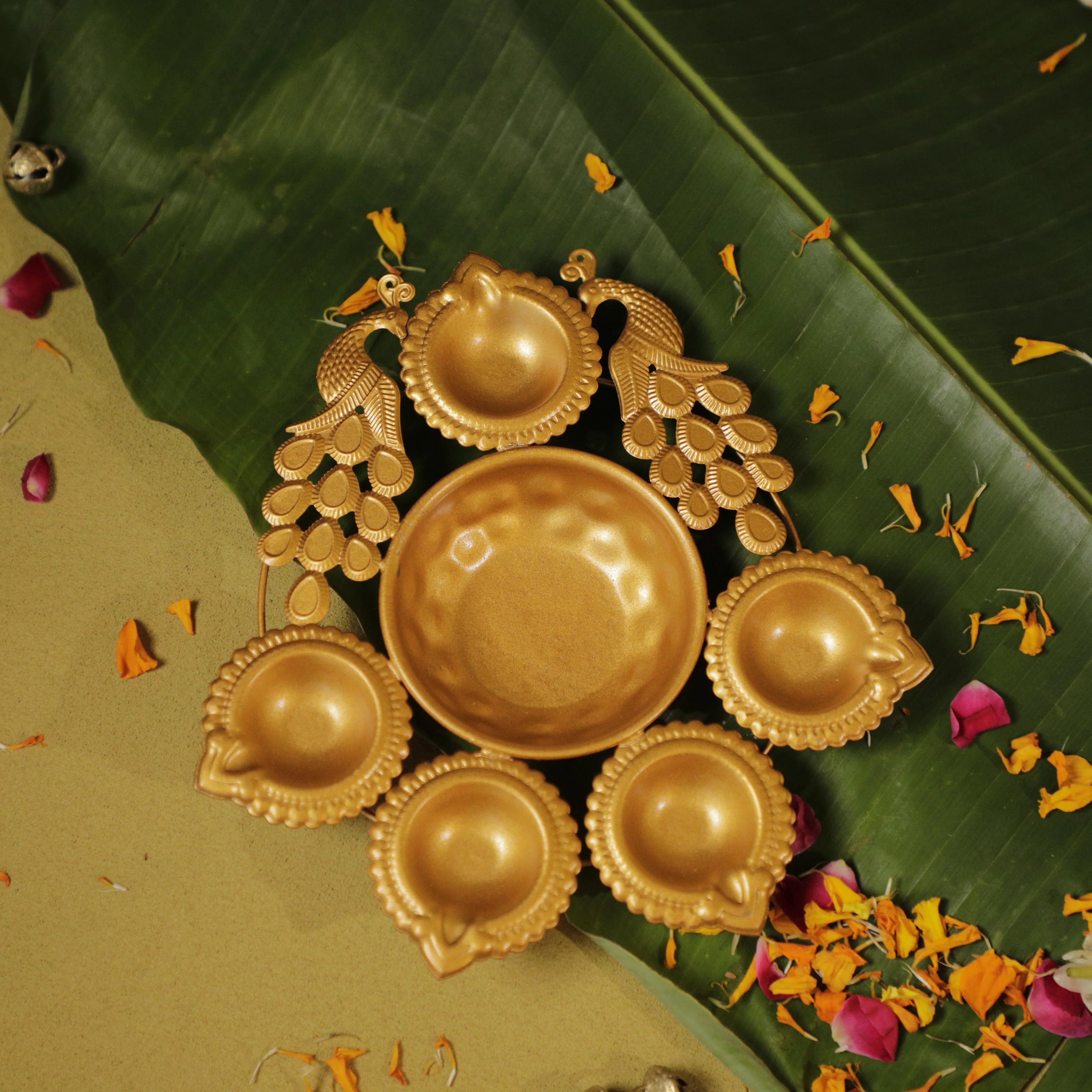 Antique Gold Twin Peacock Diya Urli Set