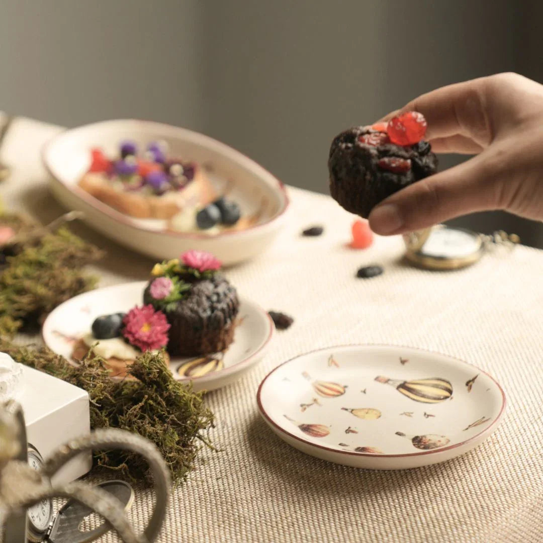 Handcrafted Stoneware Tea Plate – Vintage Hot Air Balloon Design | Ceramic Dessert & Snack Plate