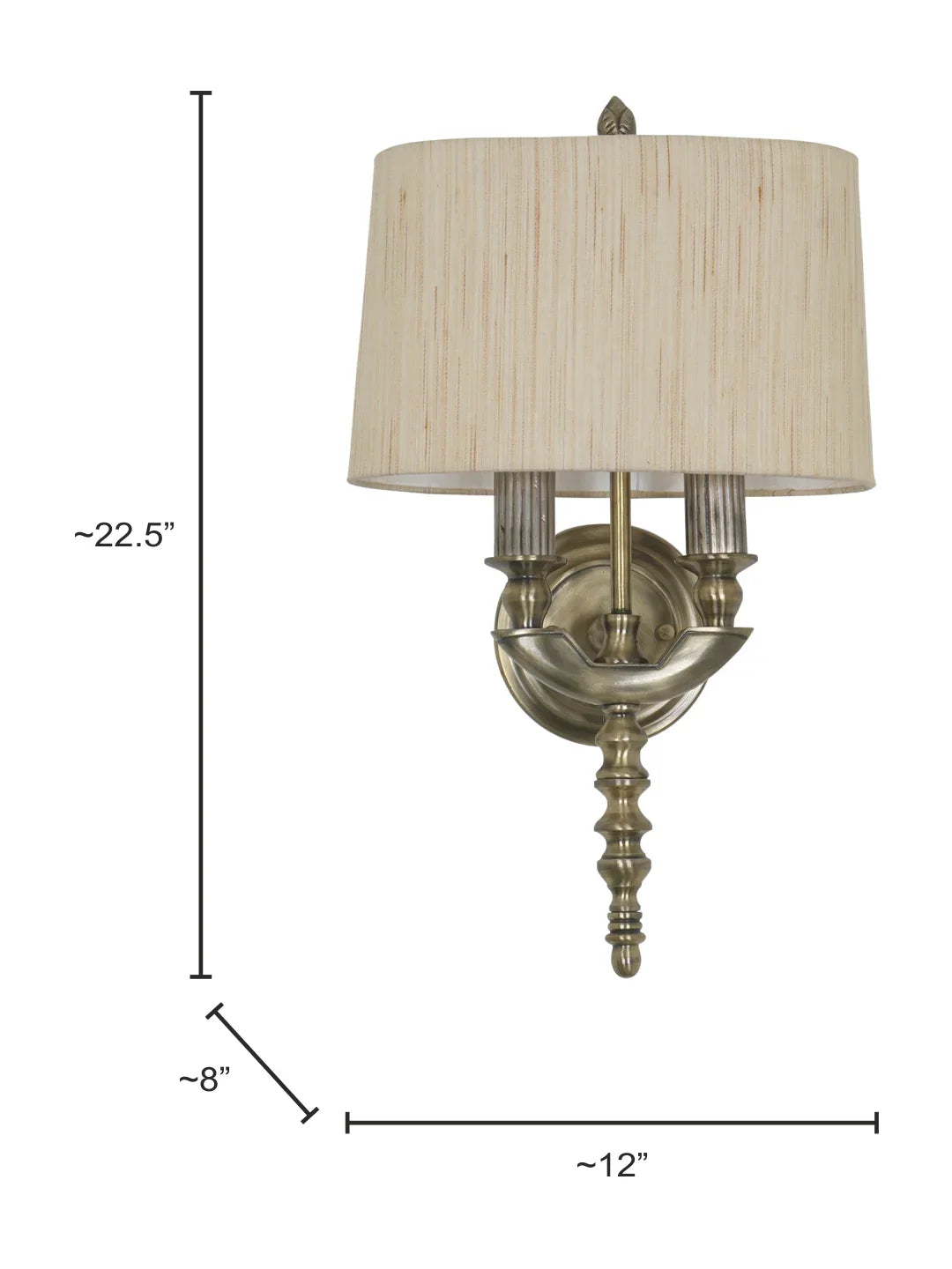 Antique Brass Victorian 23 Inch Dual-Light Aluminium Wall Lamp With Rounded Square Cream Textured Fabric Shade