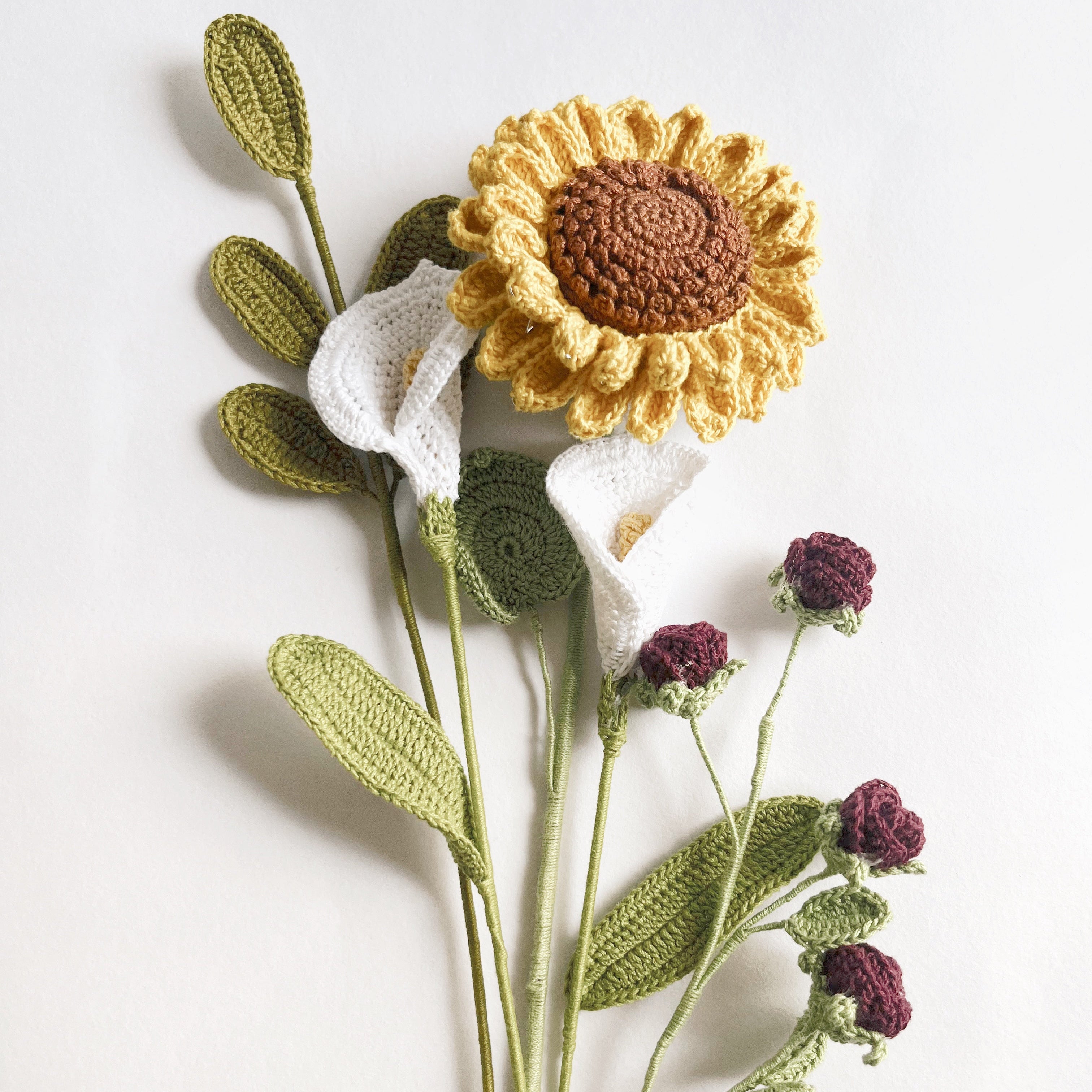 Crochet Sunflower Lily Bouquet - Multicolor / 12" height / 5 Stems
