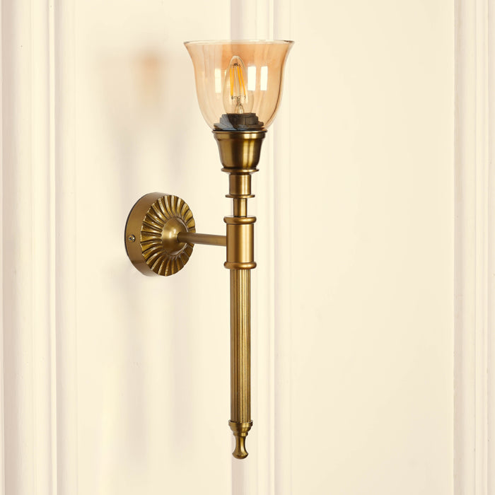 Brass Antique Finish Corrugated Wall Lamp with Cup Glass Golden Luster Shade