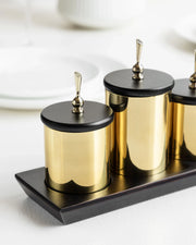 Brass Condiment Server Set | Handcrafted Wooden Tray with Brass Containers