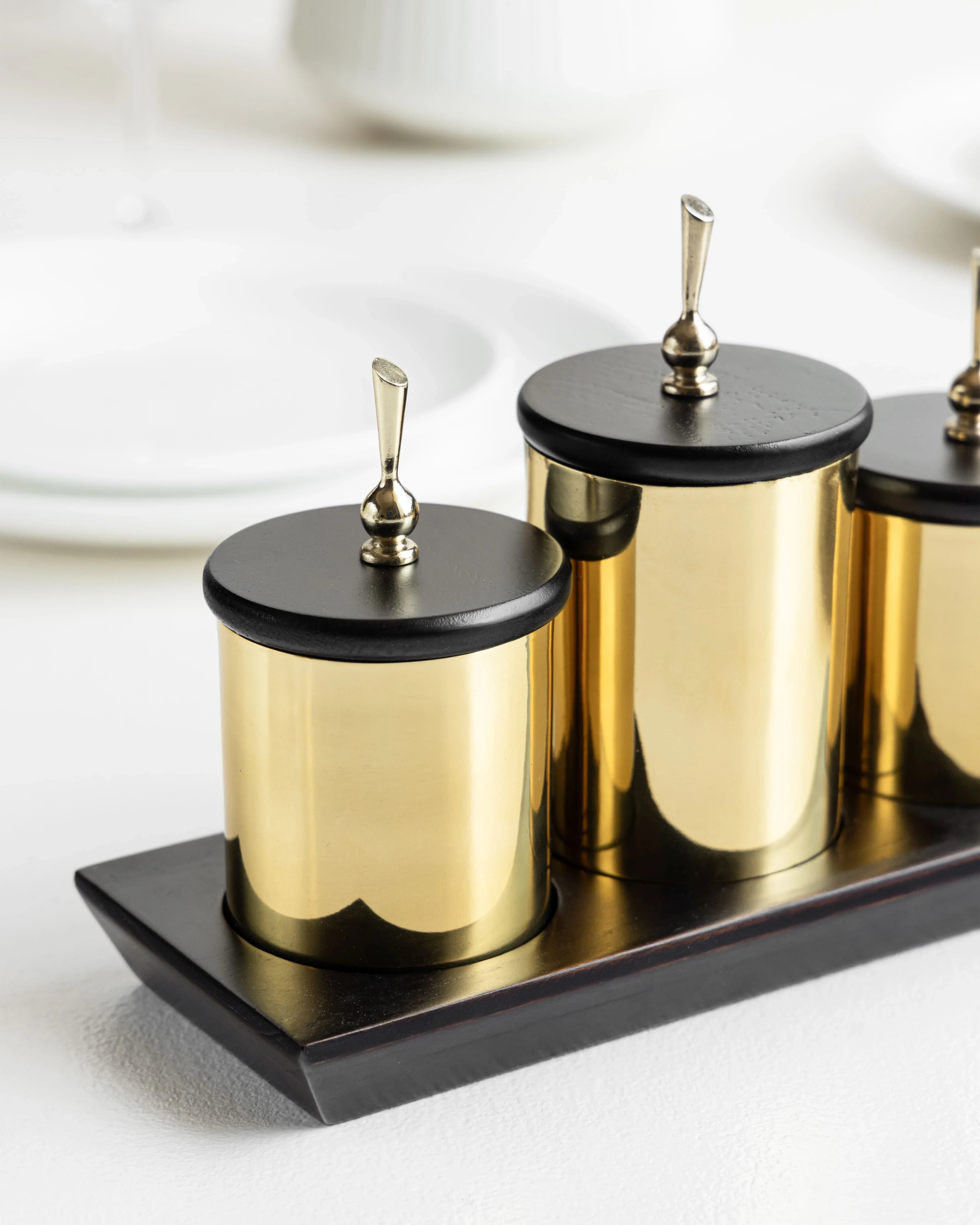 Brass Condiment Server Set | Handcrafted Wooden Tray with Brass Containers