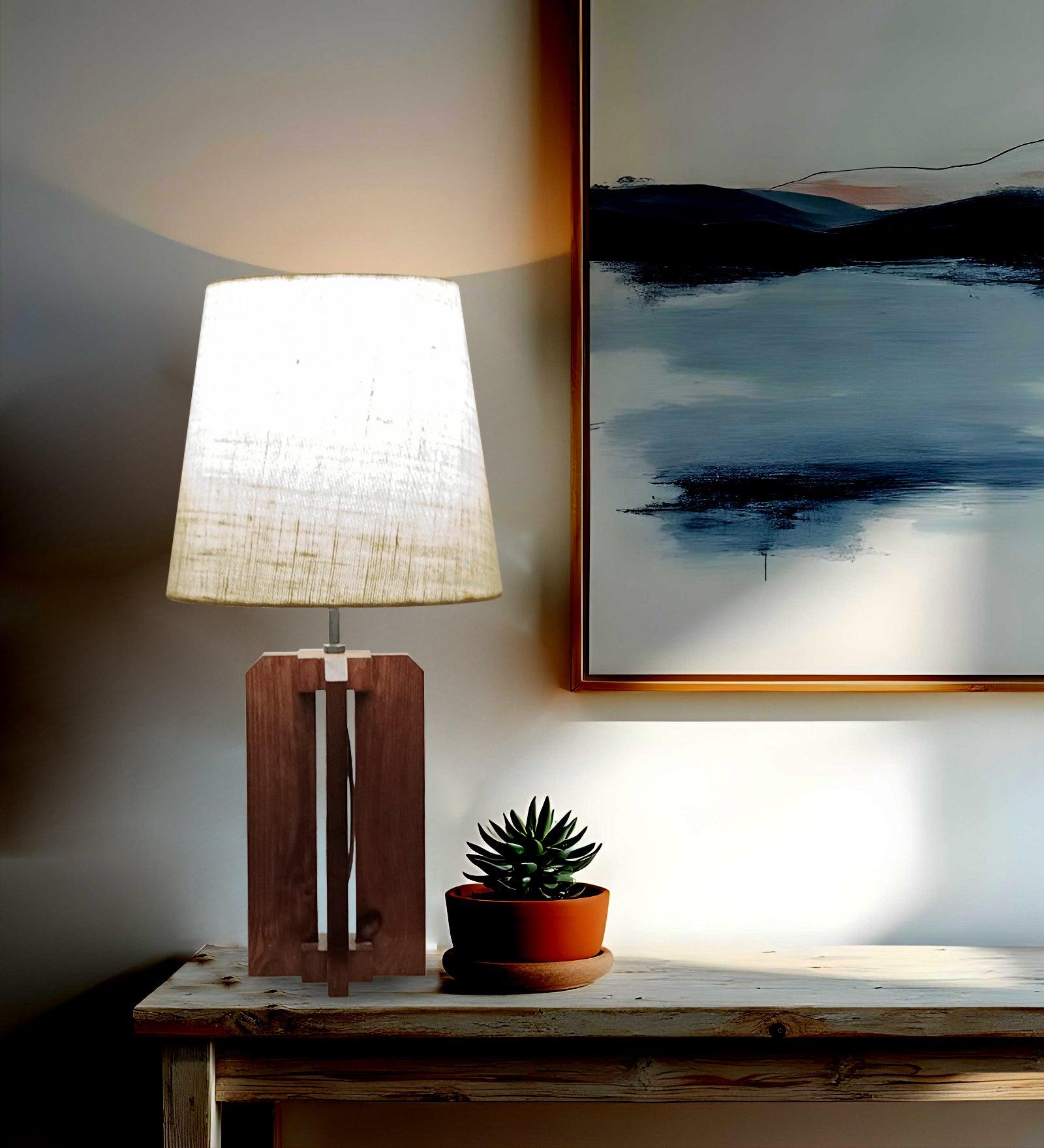 Stella Brown Wooden Table Lamp with White Fabric Lampshade