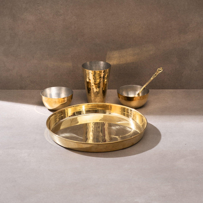 Brass Thaali Set - 5 Pieces Set (1 Thaali, 2 Bowls, 1 Glass And 1 Spoon