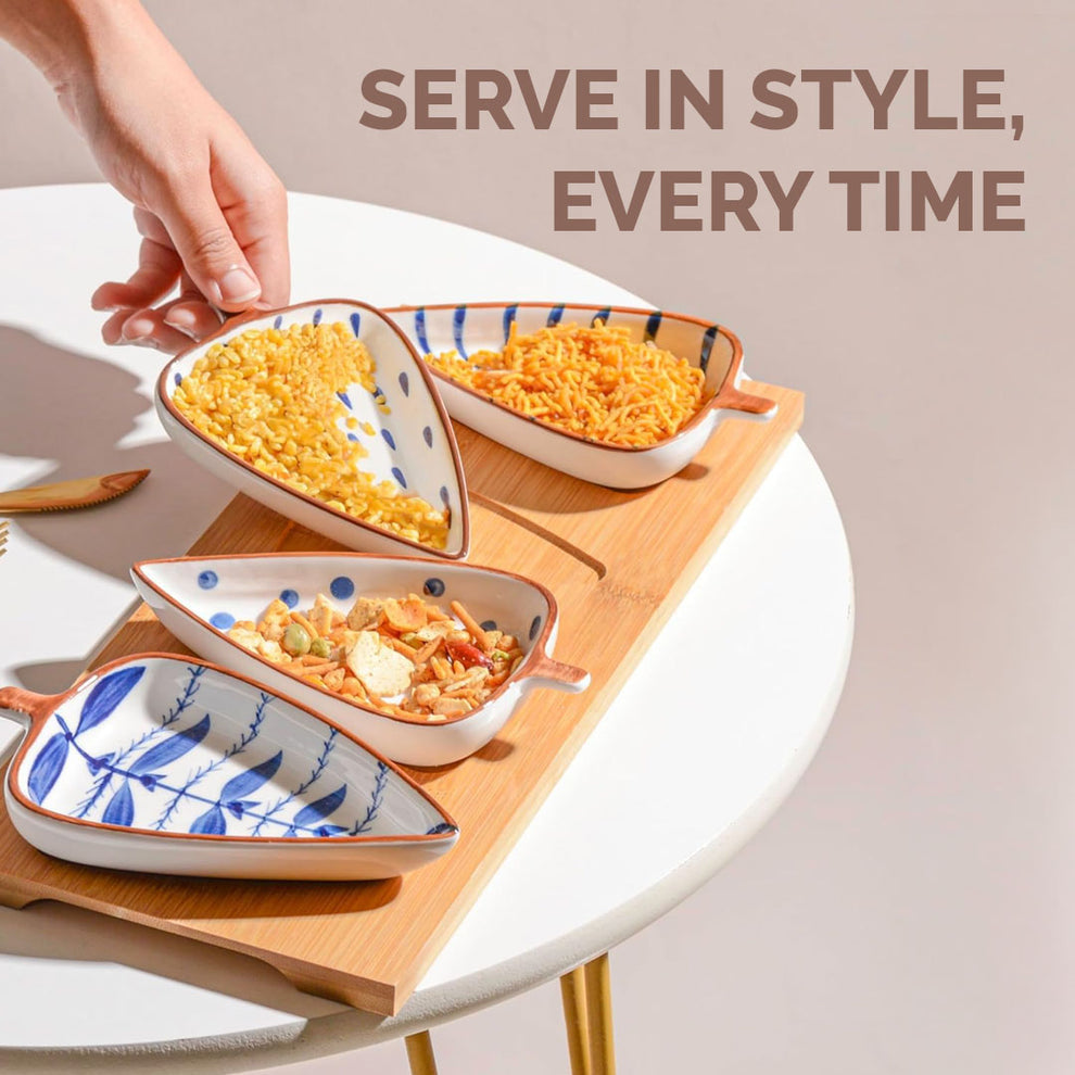 Leaf-Shaped Ceramic Serving Platter with Wooden Board | 4 Small Glossy Snack Tray | Perfect for Serving Sweets, Cookies, Dry Fruits, Mouth Freshener & Snacks (Blue & White)