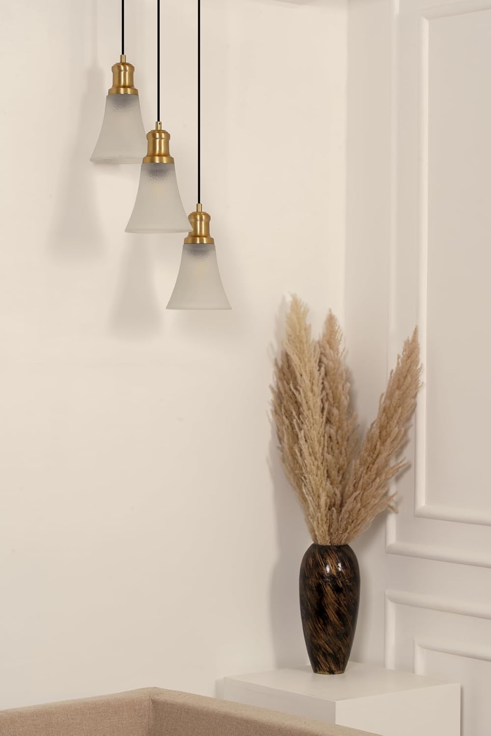 Triple Hanging Pendant Light Antique Brass Finish with Hammered Frost Glass for Living Room, Home Decoration