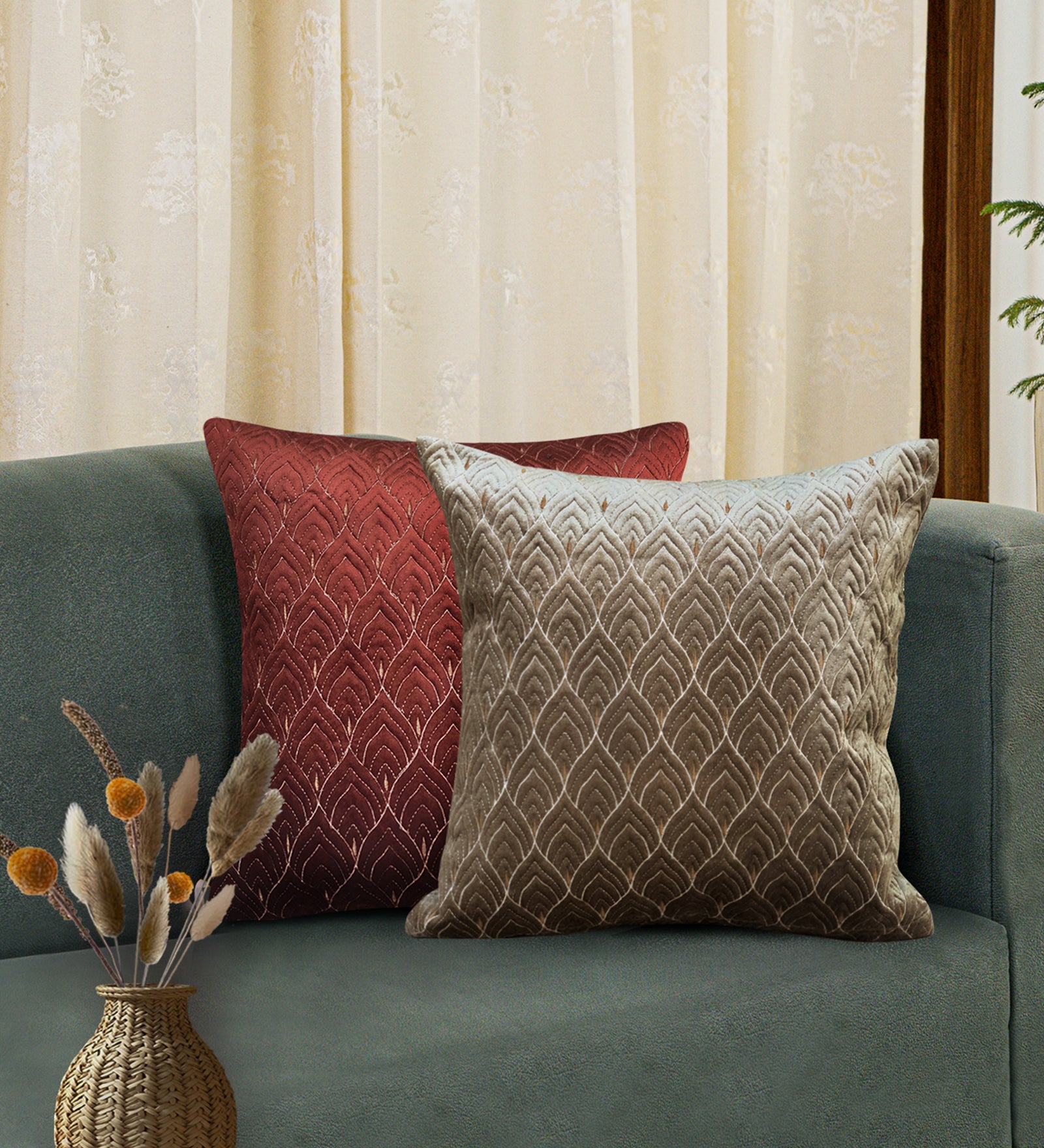 Mayur Jaal Embroidered Quilted Cushion Covers - Beige, 18 x 18