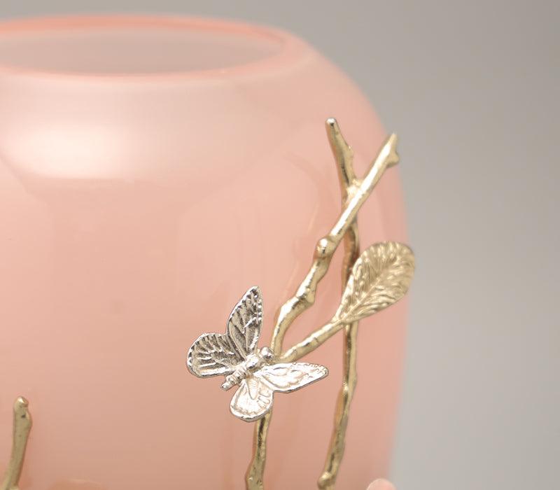 Floral Dream Vase | Gold Finished and Enamelled Brass with Ombre Pink Coloured Glass