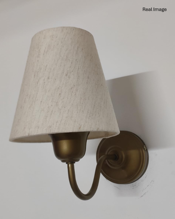 Brass Antique Finish Curved Wall Lamp with Off White Lampshade