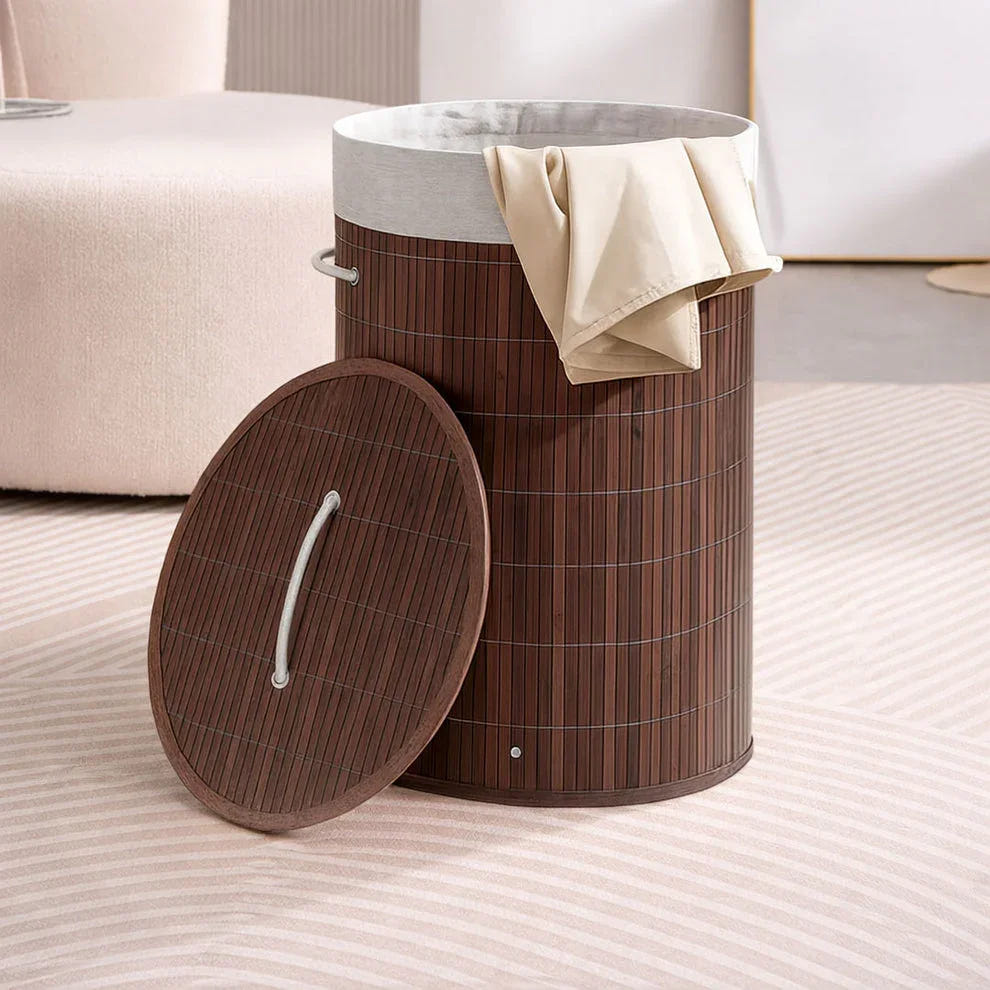 Bamboo laundry bag basket for clothes with lid toy storage organiser box foldable Round Home Organizer and Storage | Eco Friendly | Compact and Easy to carry