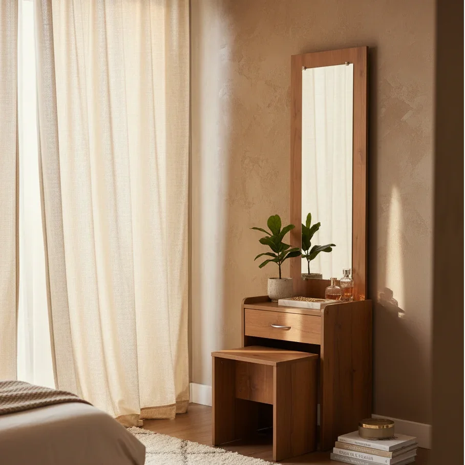 Minion Wooden Dressing Table with Mirror, Drawer & Stool | Modern Dressing Table with Storage