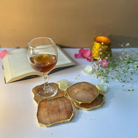 Crystal Agate Coaster with Gold Plating | Drink Coaster for Dining Table