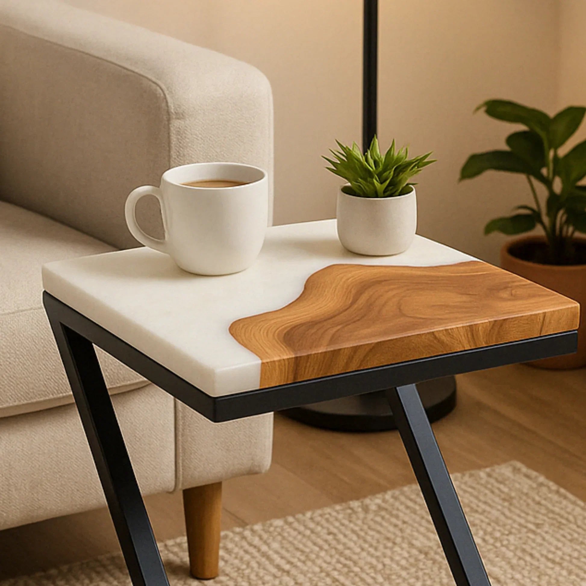 Teak Wood Epoxy End Table – White Resin Finish