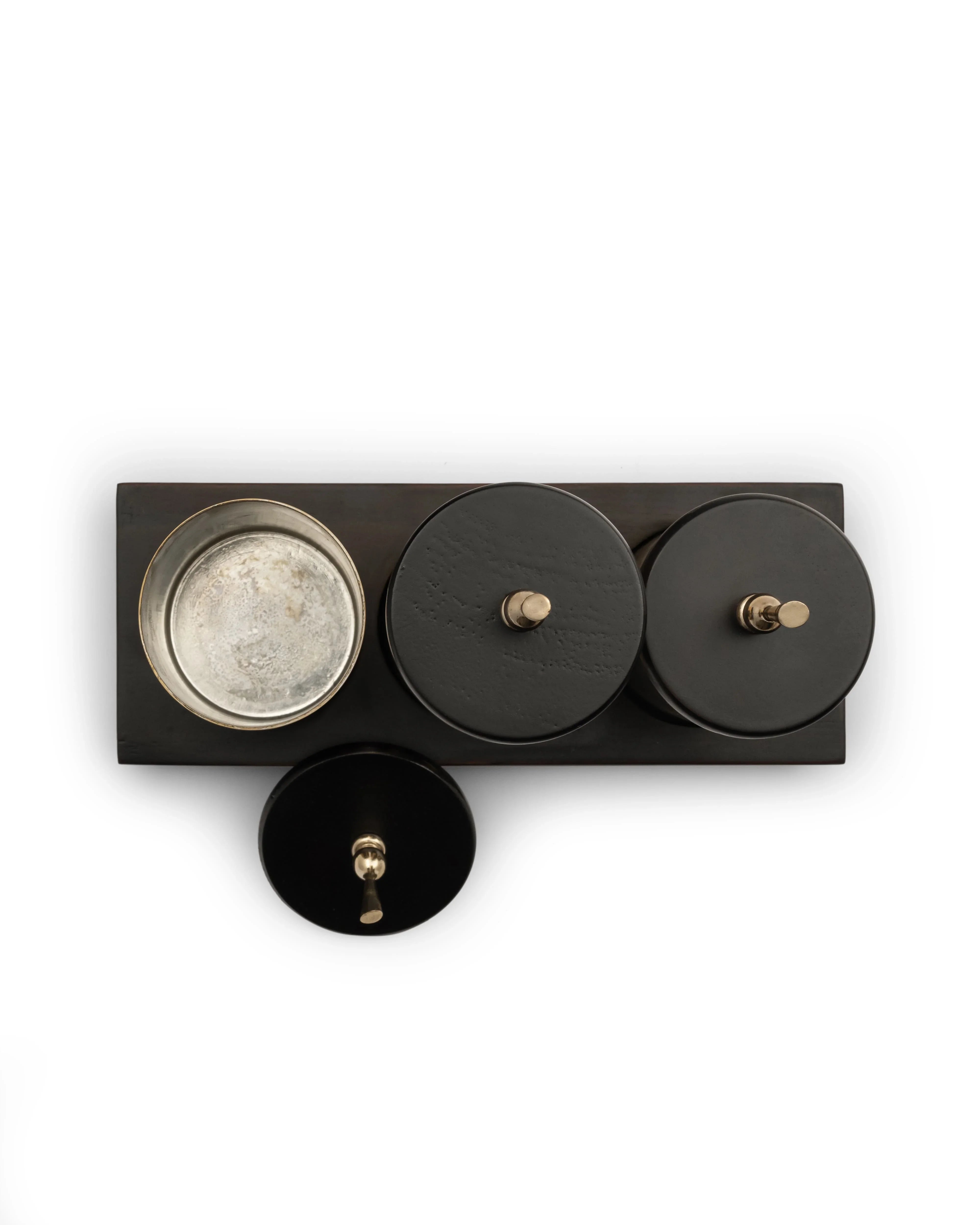 Brass Condiment Server Set | Handcrafted Wooden Tray with Brass Containers