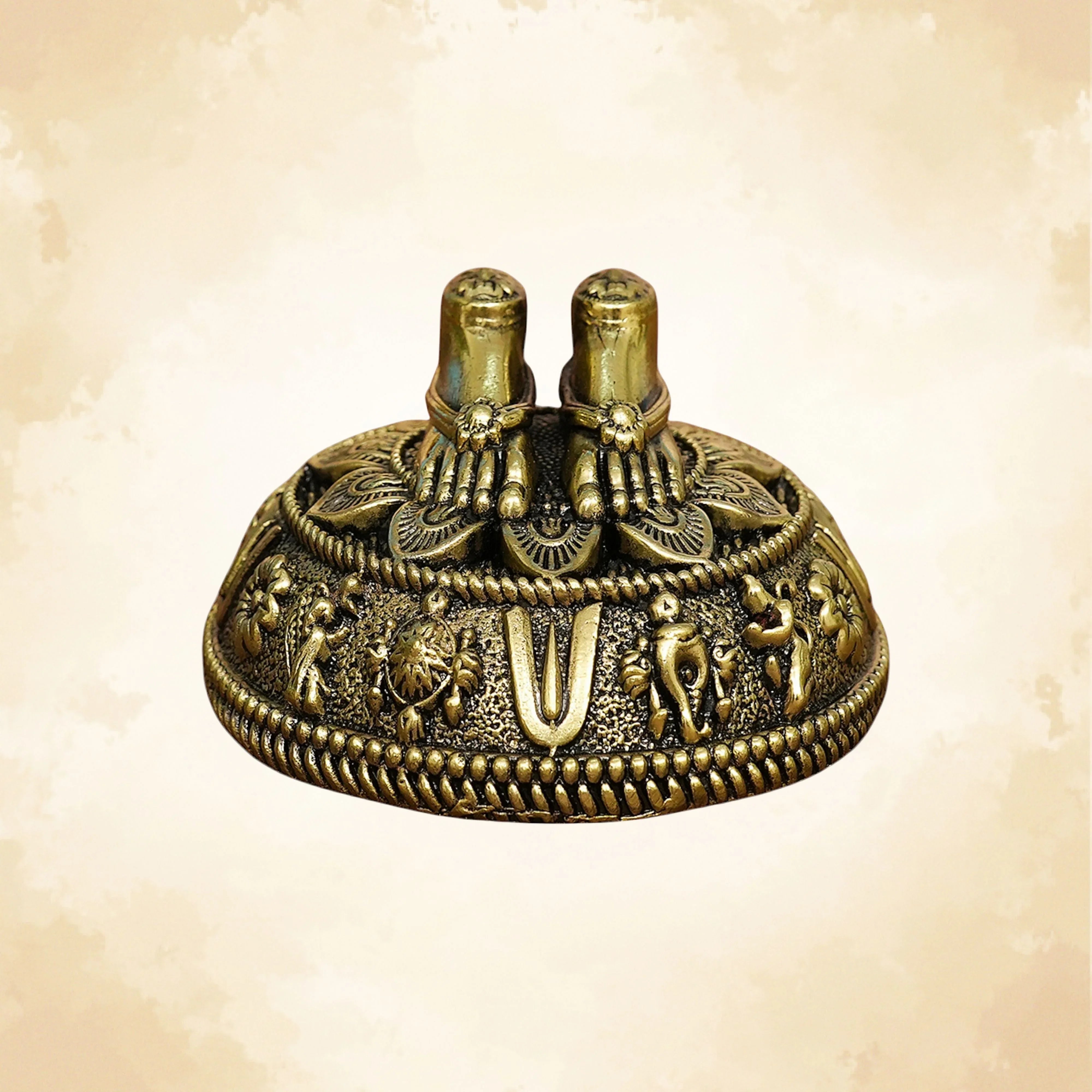 Brass Charan Paduka Idol with Carved Decorative Base