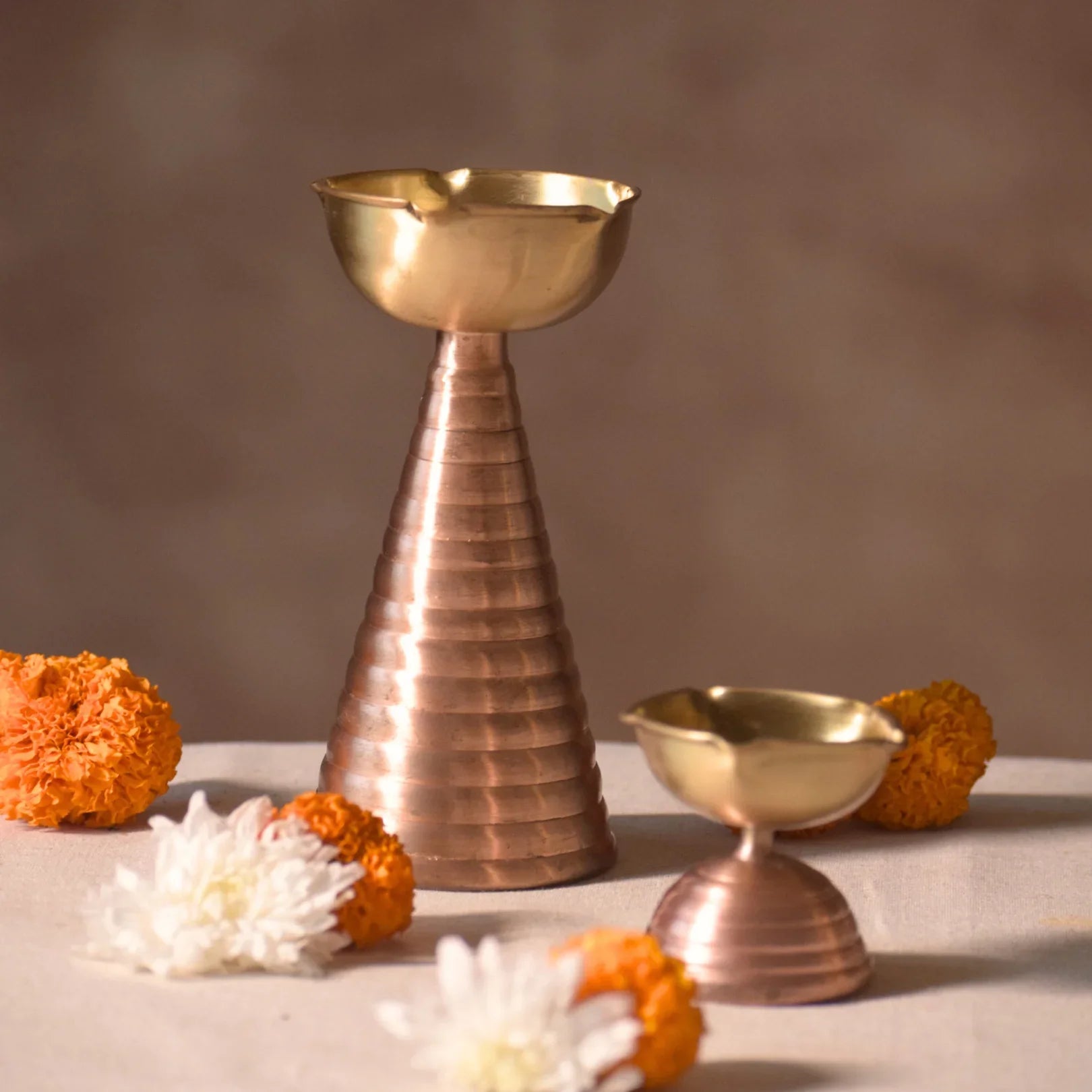 Brass & Copper Diya Pair Gift Set - Tall & Short Diyas