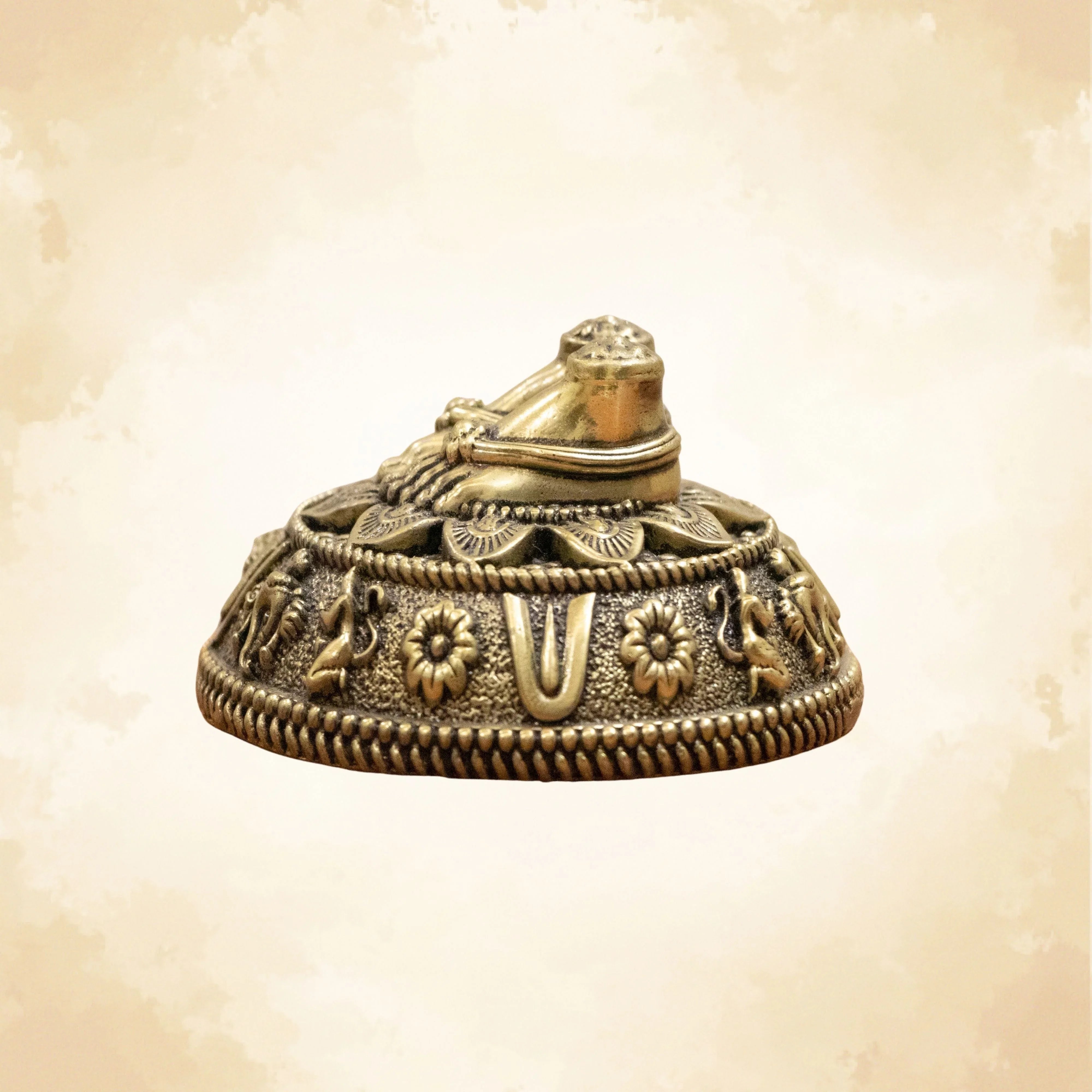 Brass Charan Paduka Idol with Carved Decorative Base