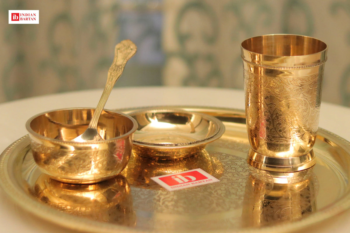 Brass Golden Plate Set Of 5 | Round Festival Gifting Thali With Katori & Glass