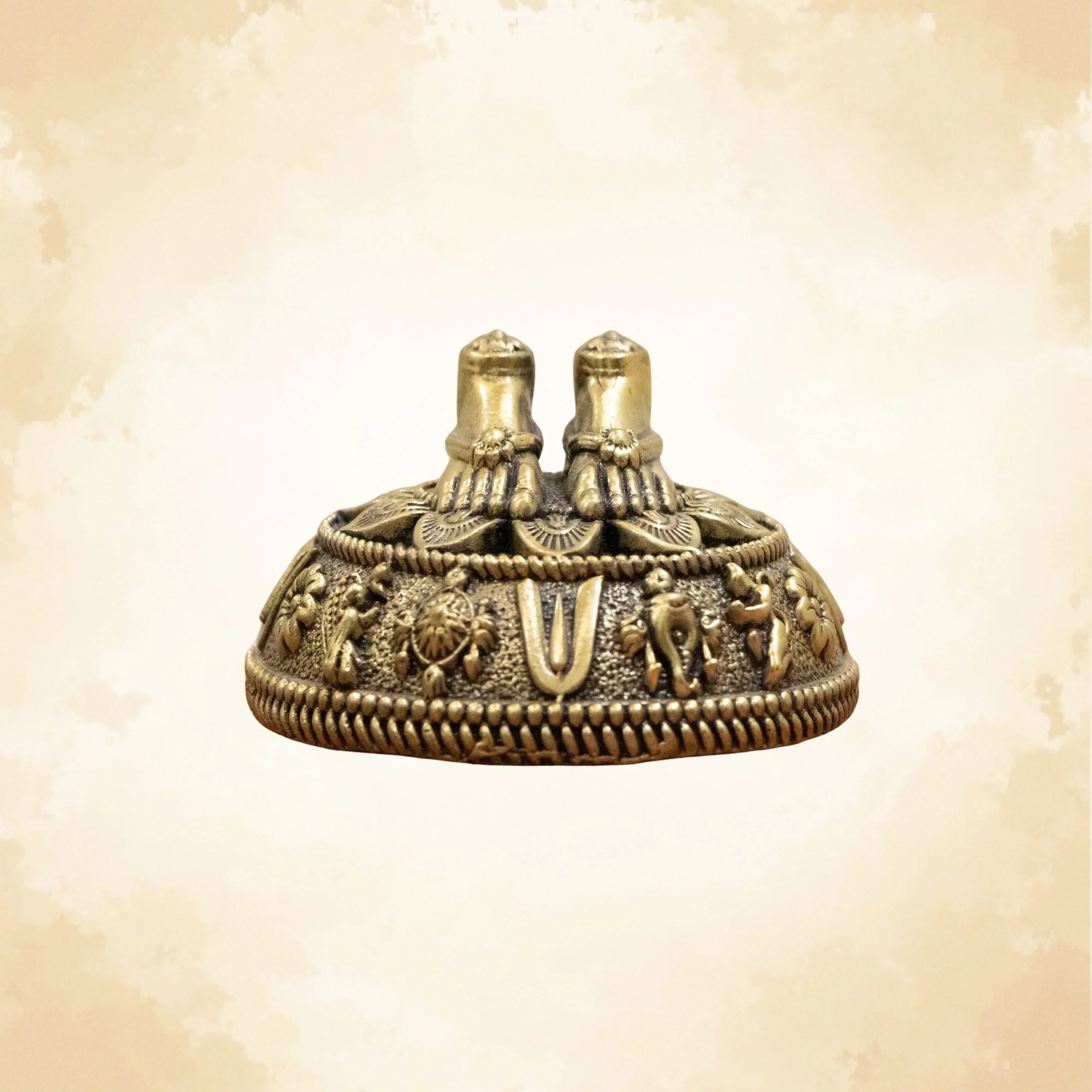 Brass Charan Paduka Idol with Carved Decorative Base