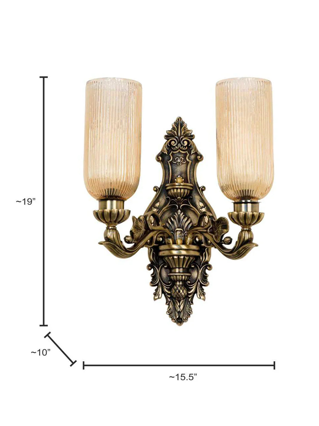 Antique Brass Cast Aluminium Ornate Wall Sconce with Golden Fluted Glass Shades