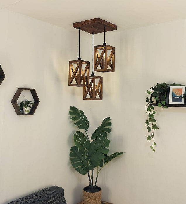 Symmetric Brown Wooden Cluster hanging Lamp — IKIRU