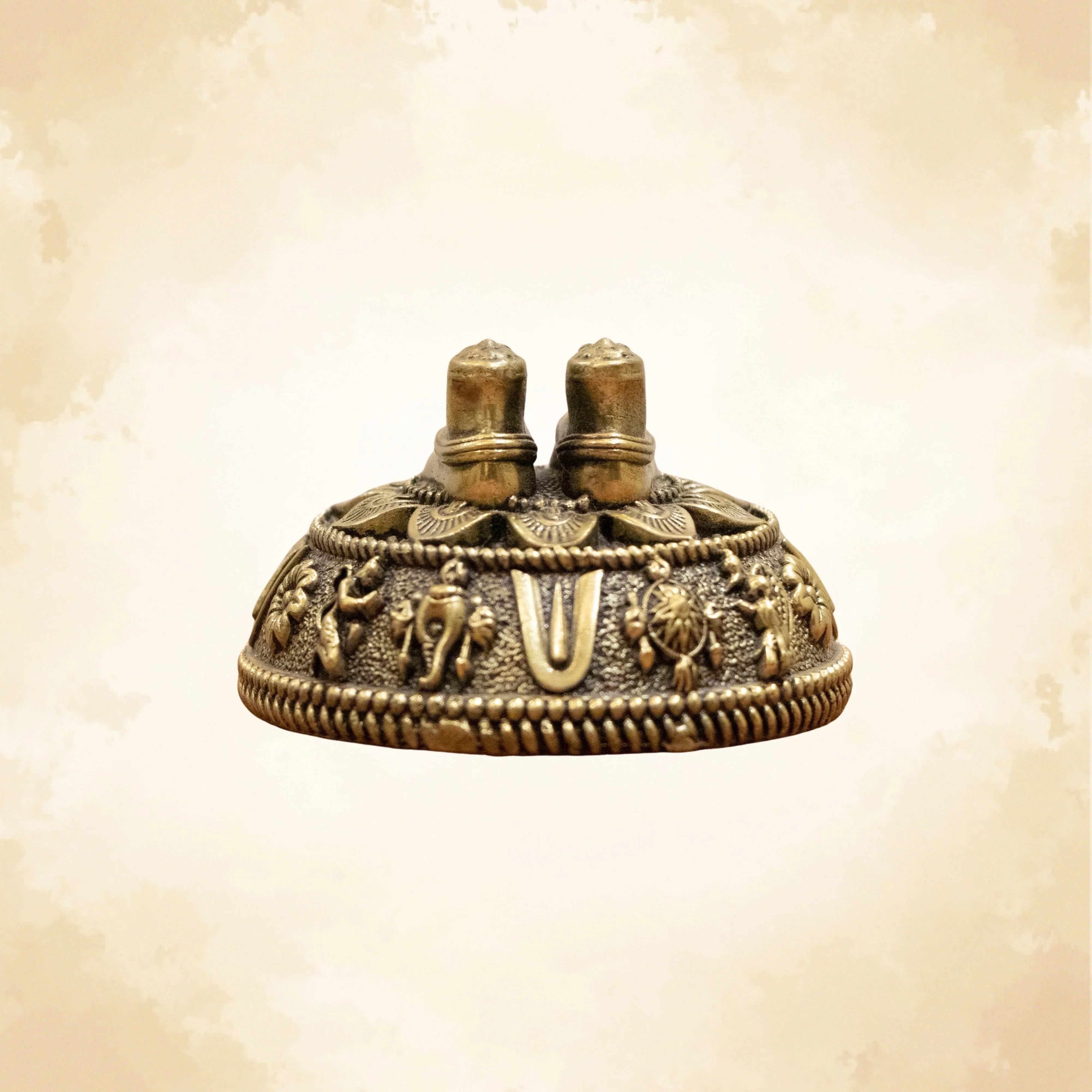 Brass Charan Paduka Idol with Carved Decorative Base