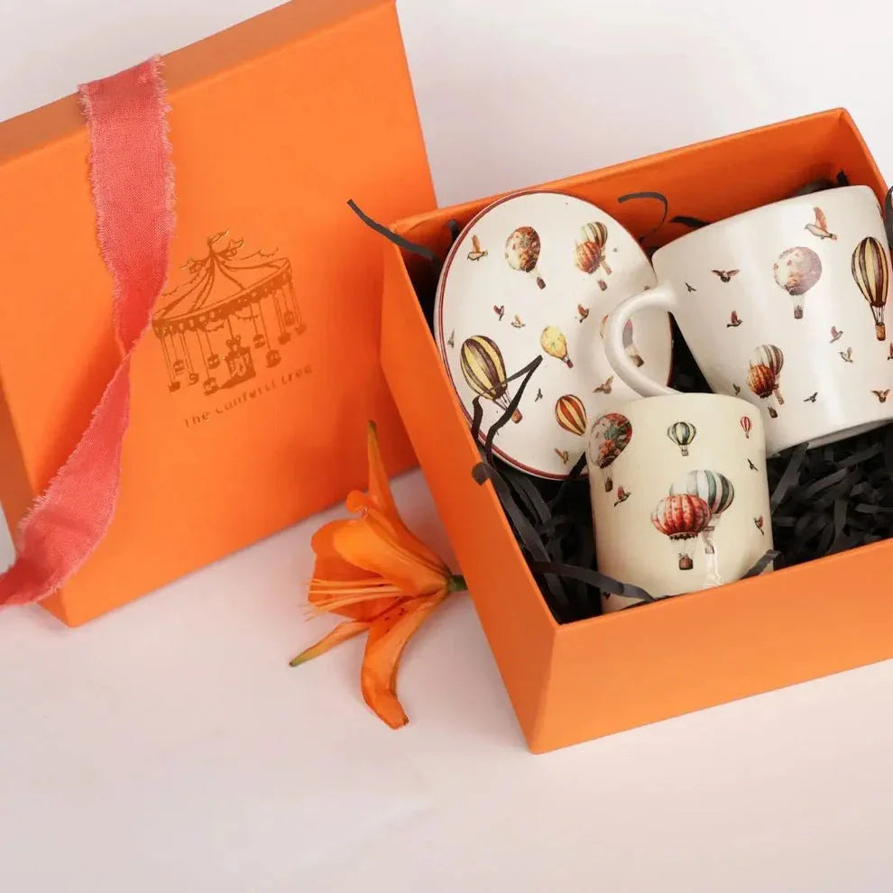 Hot Air Balloon Ceramic Mug & Plate Gift Set — Handcrafted Stoneware Cups in Luxury Gift Box