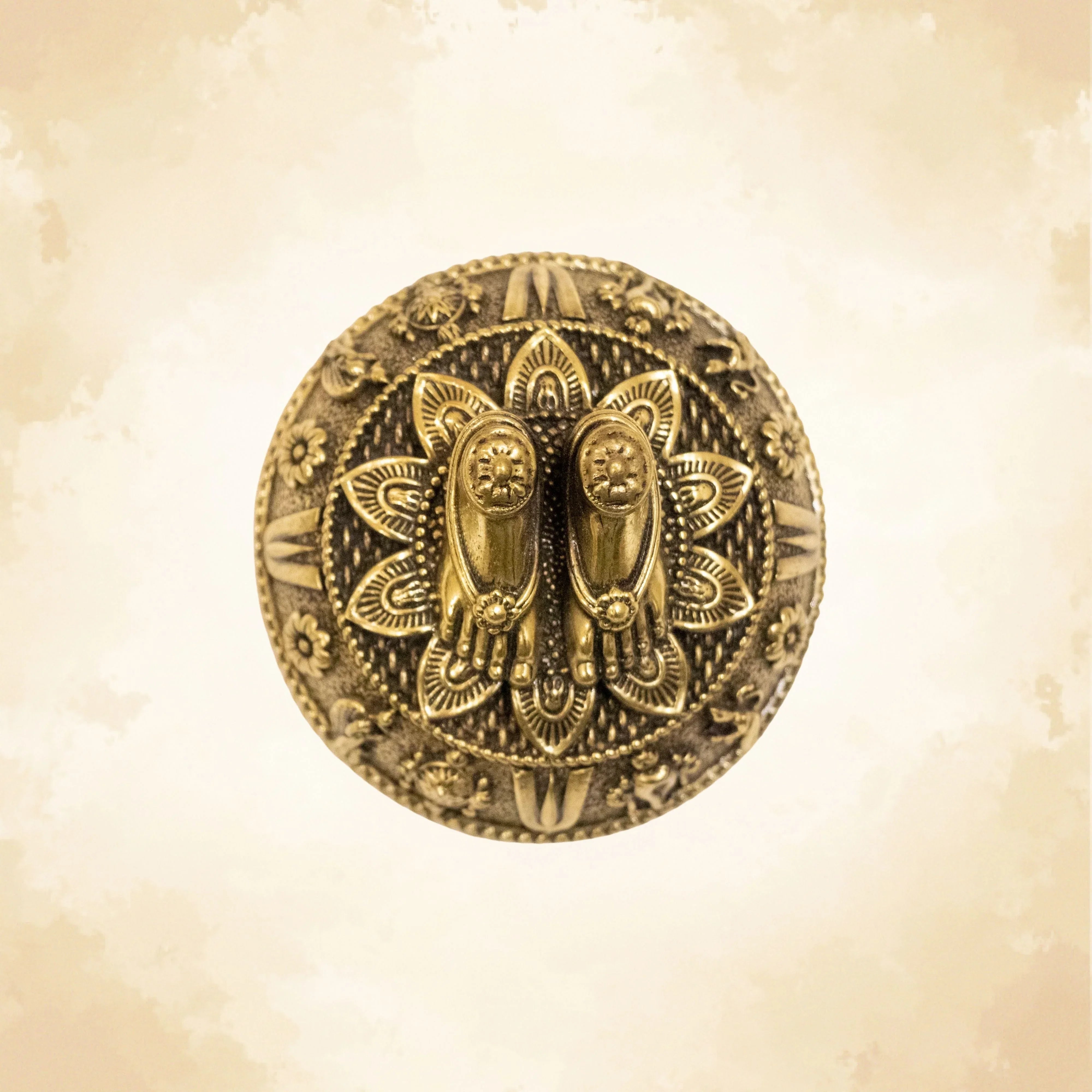 Brass Charan Paduka Idol with Carved Decorative Base