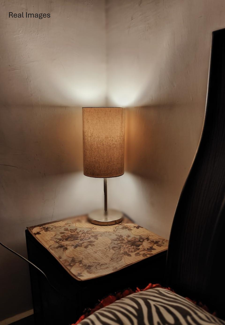 Bedroom Table Lamp Sleek Silver 19 inches Height with Off White Cylinder Lampshade