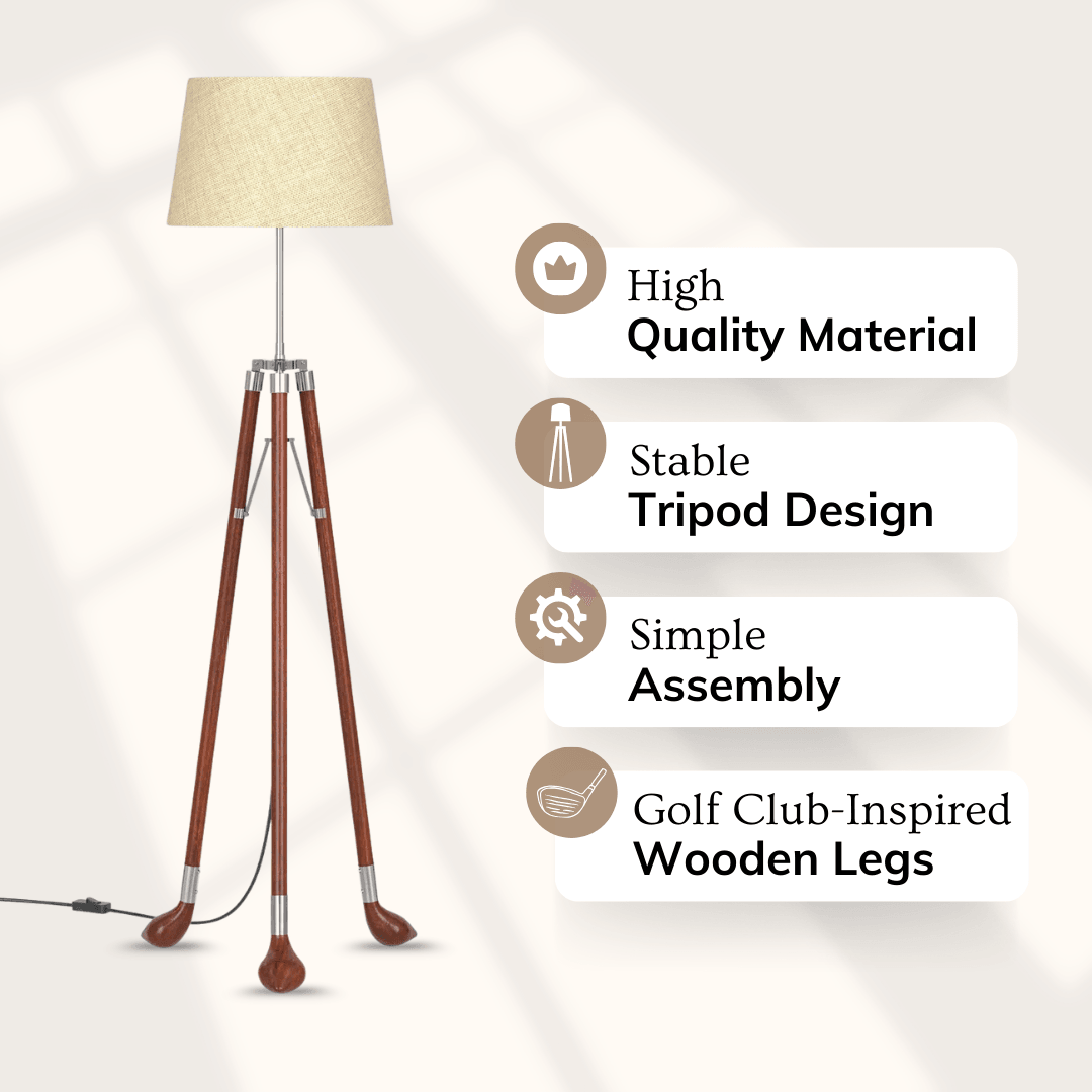 Golf Club Legs Wooden Tripod Standing Floor Lamp | Corner Lamps for Living Room
