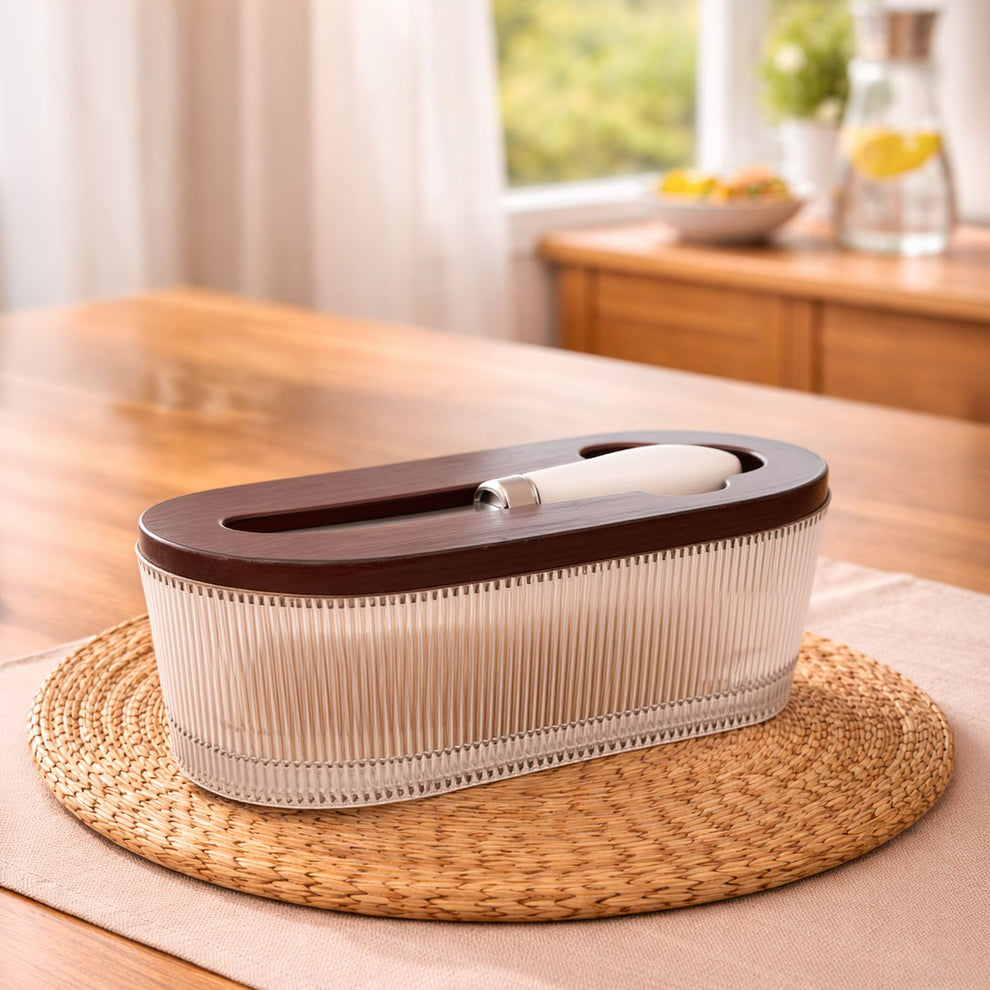 Premium Glass Butter Dish with Wooden Lid, Large Butters Container Keeper Storage with Stainless Steel Knife Spreader, Bamboo Cover and Silicone Sealing Ring for West East Coast