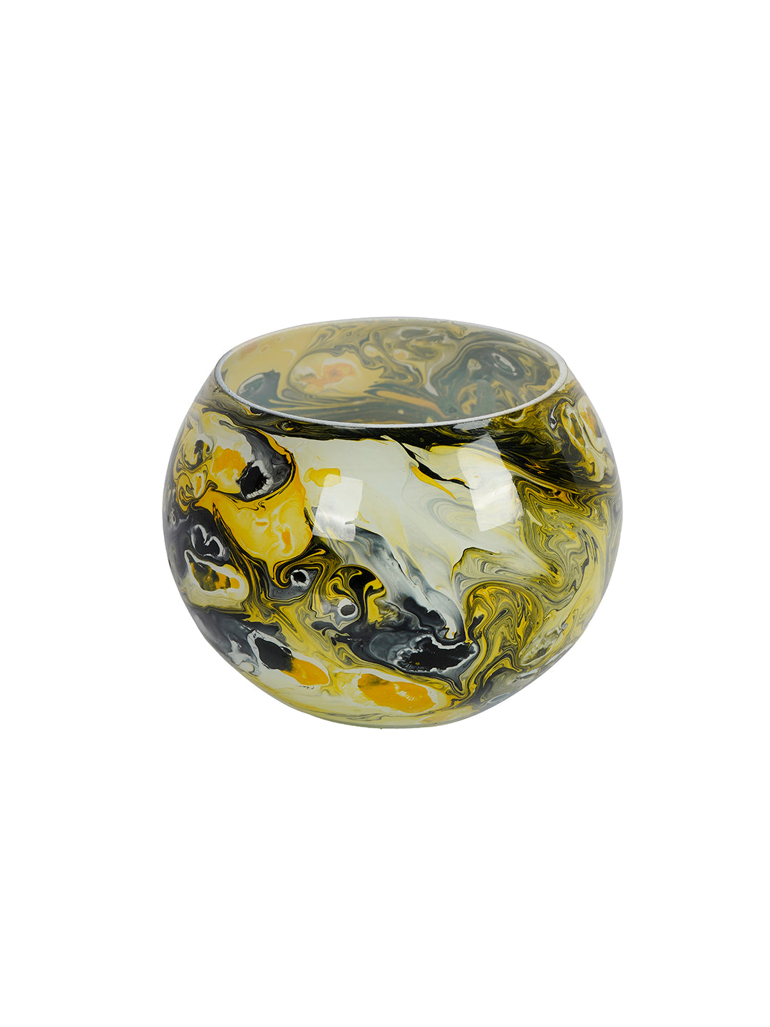 Midnight & Mustard: Round Glass Tea Light Holder with Bold Yellow & Black Marble